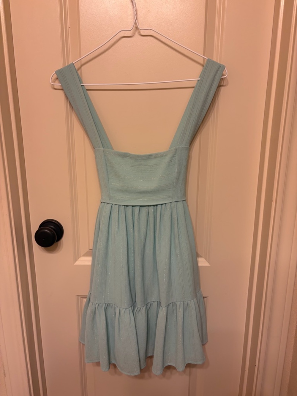 Lucy in the Sky Mint Blue Square Neck Tiered Mini Dress